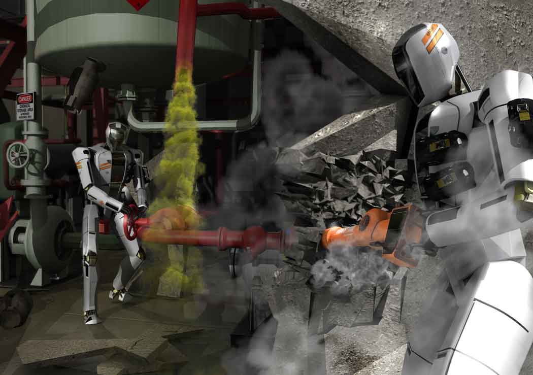 Vue d'artiste du DARPA Robotics Challenge : deux robots manoeuvre dans une usine