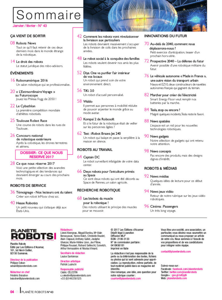 Sommaire Planète Robots 43 - technologies