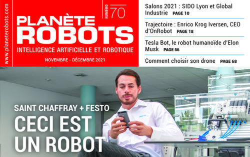 Une de Planète Robots représentant un robot humanoïde muni d'un smartphone et muni de capteurs.
