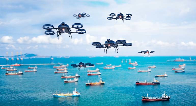 Illustration de drones survolant les mers lors du MBZIRC
